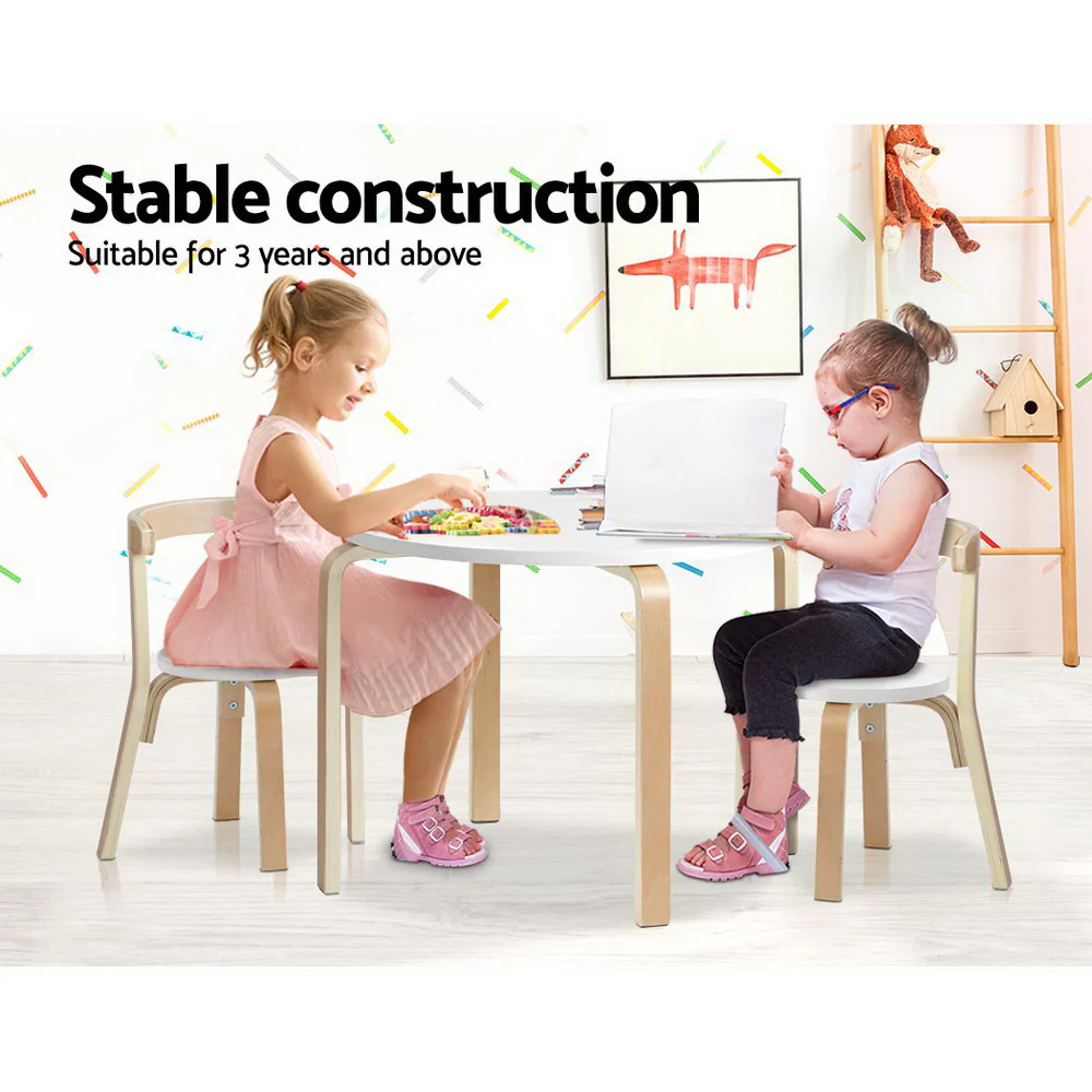 Paige 3-Piece Kids Table & Chairs Set Nordic Desk Activity Study Play Children Modern - White & Wood - Nurns