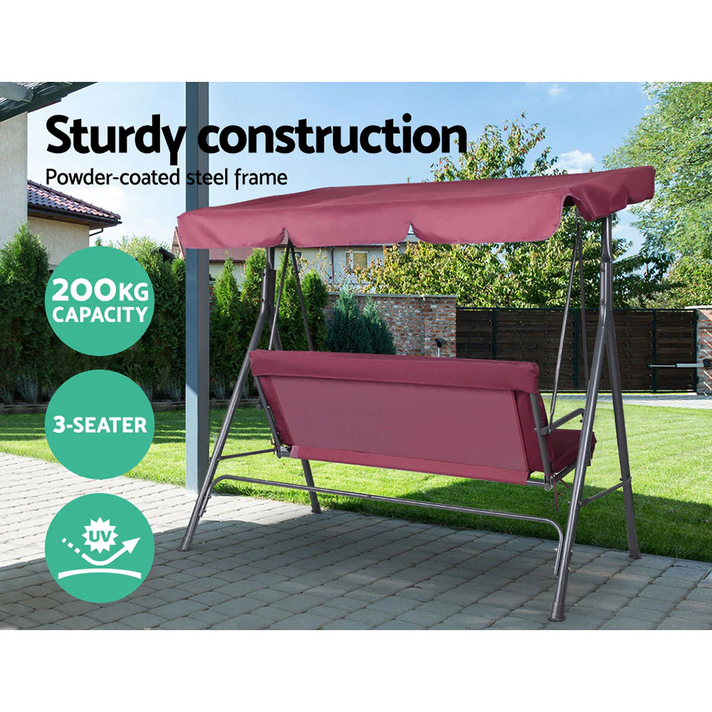 Astride 3 Seater Outdoor Swing Chair Garden Canopy Bench Seat Backyard - Wine Red - Nurns
