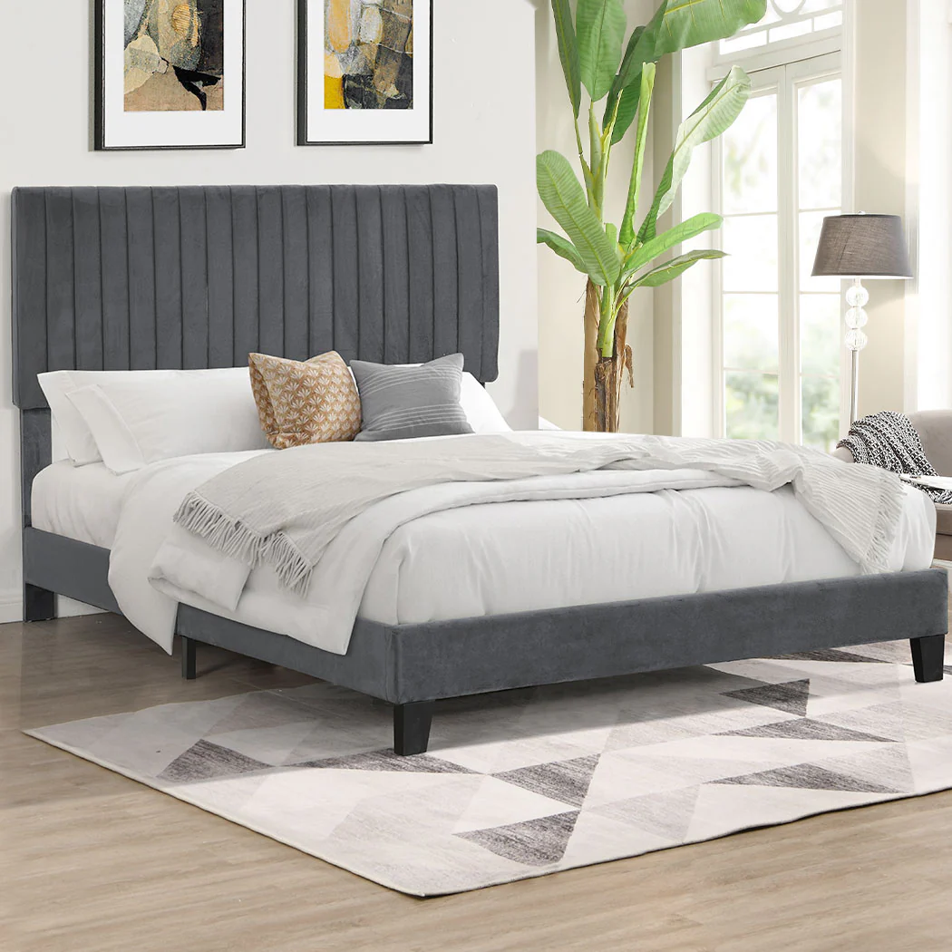Cheyenne Bed Frame Base Platform Wooden Velvet with Headboard Grey - Double - Nurns