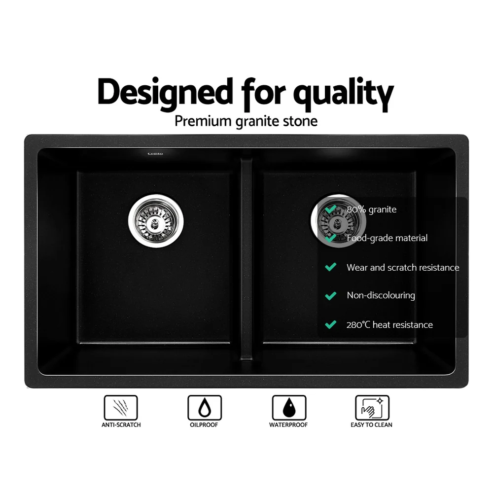 Stone Kitchen Sink 790X460MM Granite Under/Topmount Basin Double Bowl Black - Nurns