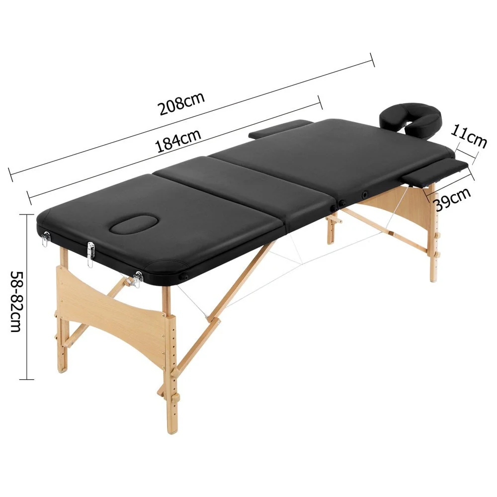 Massage Table 70cm 3 Fold Wooden Portable Beauty Therapy Bed Waxing Black - Nurns