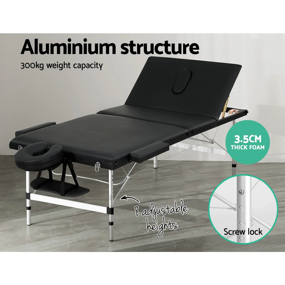 Massage Table 85cm Portable 3 Fold Aluminium Beauty Bed - Black - Nurns