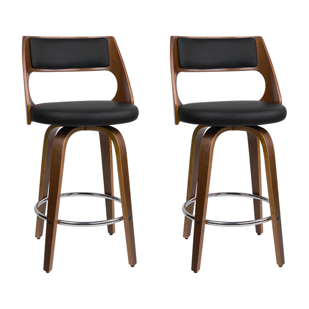 Set of 2 Kastoria Wooden Bar Stools PU Leather - Black & Wood - Nurns
