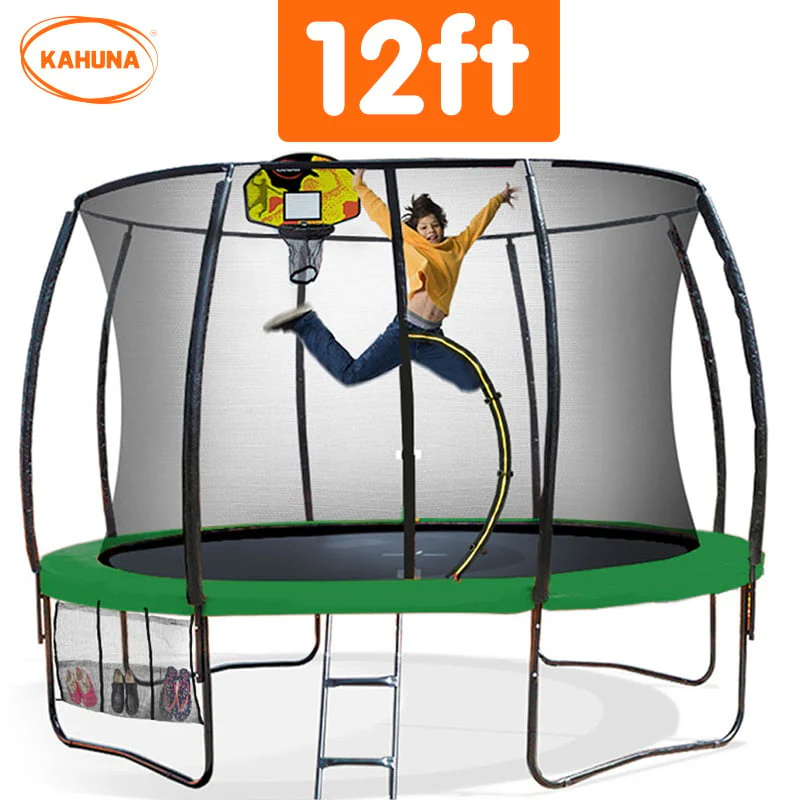 Kahuna Trampoline for Kids 12FT Outdoor Children with Safety Enclosure Pad Mat Ladder Basketball Hoop Set - Green - Nurns