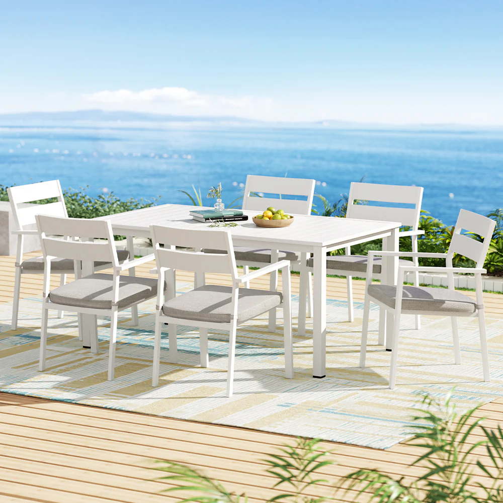 Makena 6-Seater Aluminium Table Chairs Lounge Setting 7-Piece Outdoor Dining Set - White - Nurns