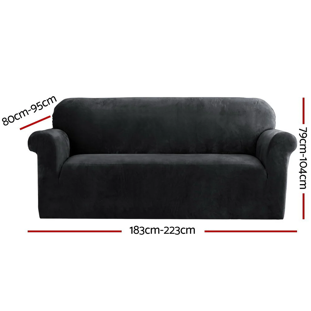 Velvet Sofa Cover Plush Couch Cover Lounge Slipcover 3-Seater Black - Nurns