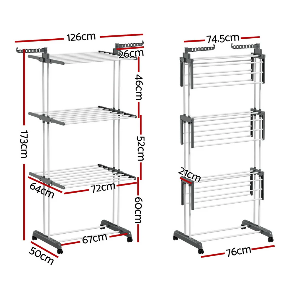 Clothes Airer Drying Rack 173cm Coat Hanger Foldable - Nurns
