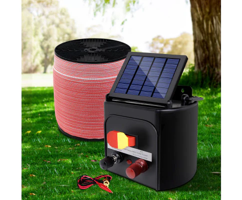 Electric Fence Energiser 3km Solar Powered Charger Set + 2000m Tape - Nurns
