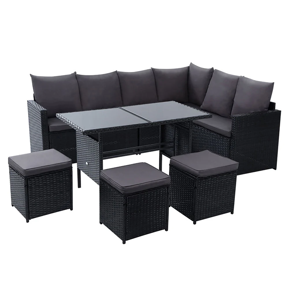 David 9-Seater Furniture Dining Wicker 5-Piece Outdoor Sofa with Storage Cover - Black - Nurns