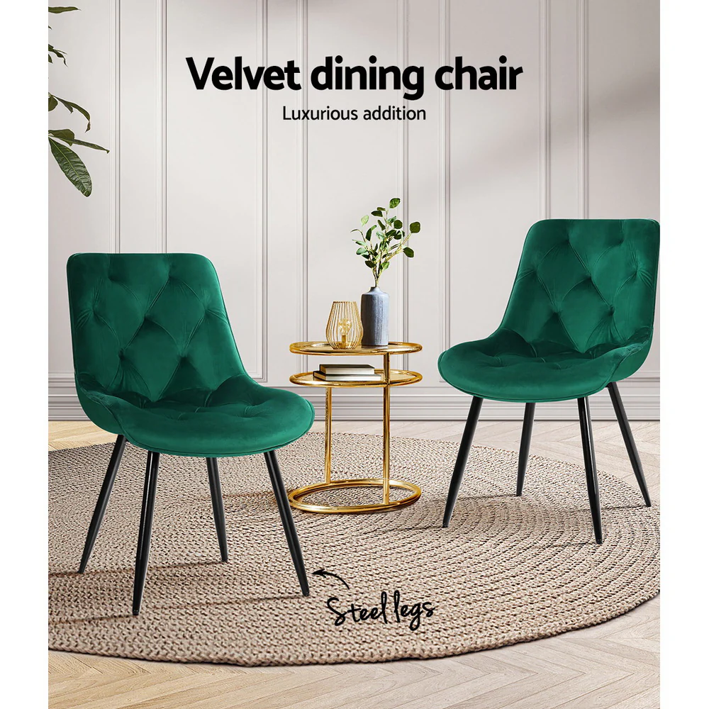 Hadley Set of 2 Dining Chairs Velvet Diamond Tufted - Green - Nurns