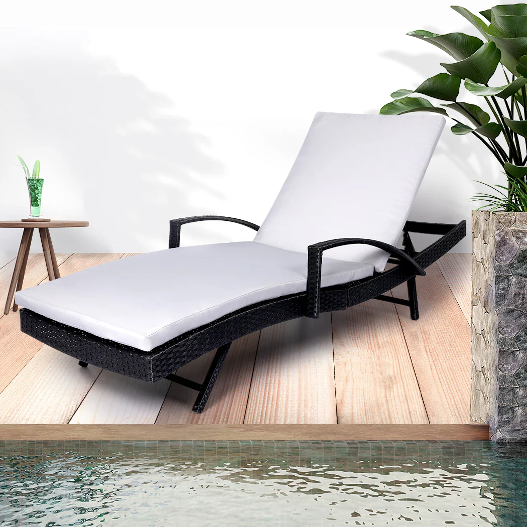 Simon Outdoor Sun Lounger Furniture Wicker Lounge Garden Patio Bed Pool Grey Cushion - Black - Nurns