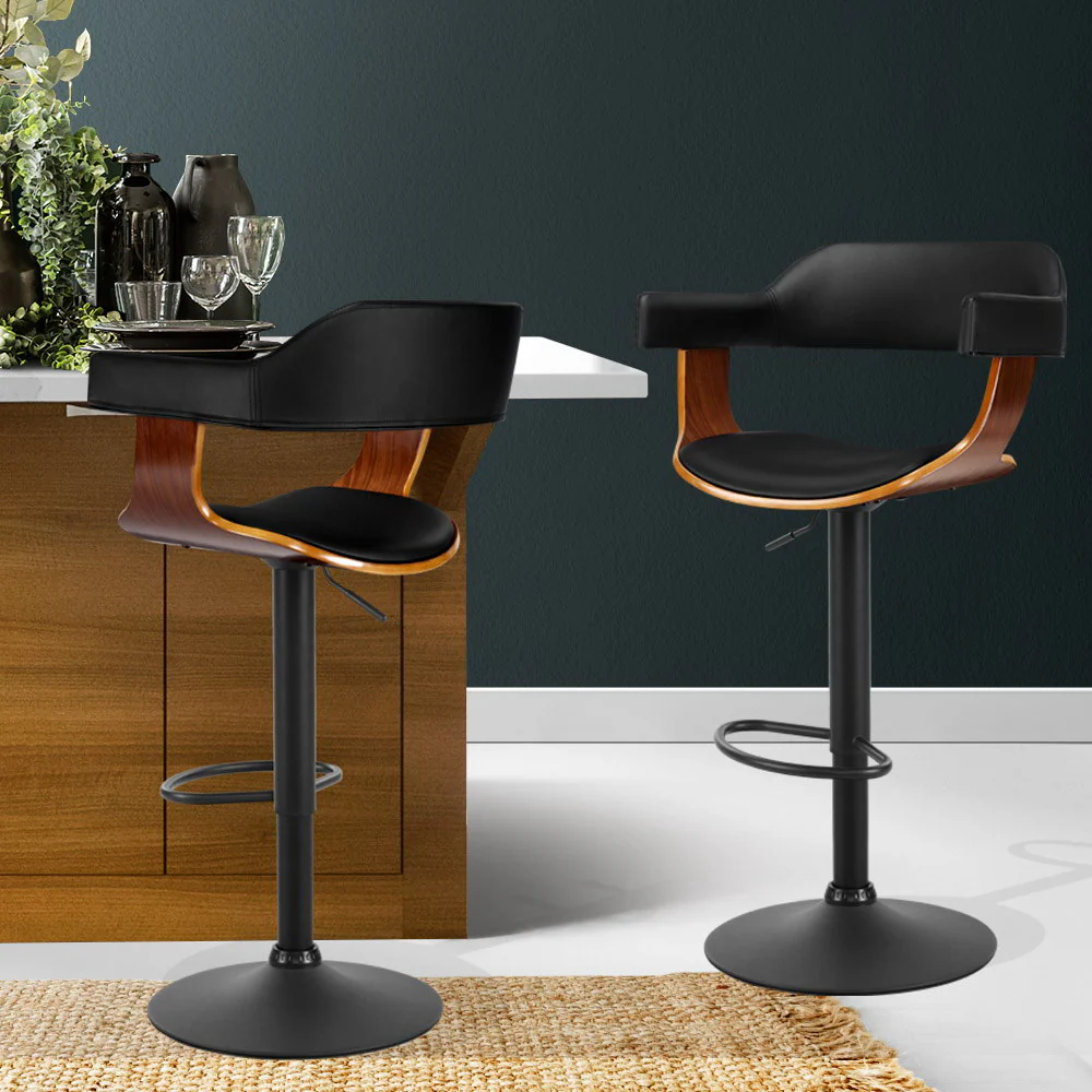 Set of 2 Eindhoven Bar Stool Curved Gas Lift PU Leather - Black - Nurns