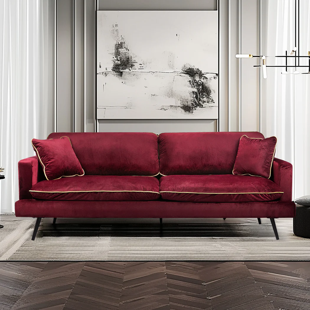 Maylee 3-Seater Velvet Sofa Armchair Couch 210cm Wide - Red - Nurns