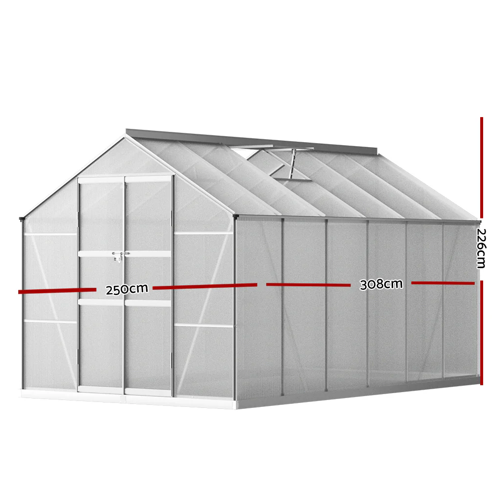 Greenfingers Greenhouse 3x2.5x2.26M Double Doors Aluminium Green House Garden Shed - Nurns
