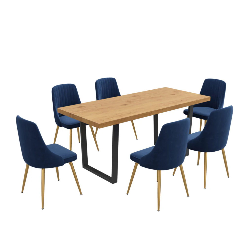 6-Piece Zelma Blue Dining Table & Chair Set Velvet - Nurns