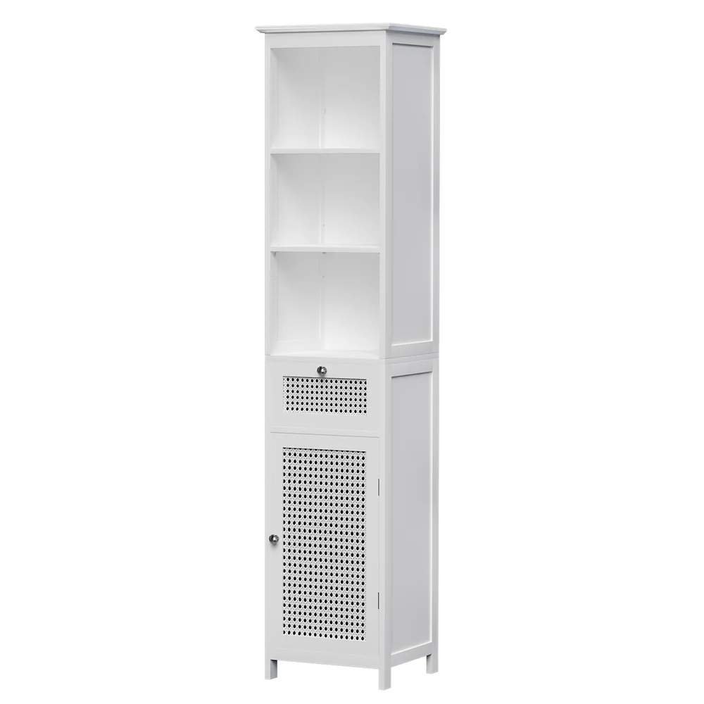 Bathroom Cabinet Storage 161cm White Rattan Tallboy Toilet Cupboard - Nurns