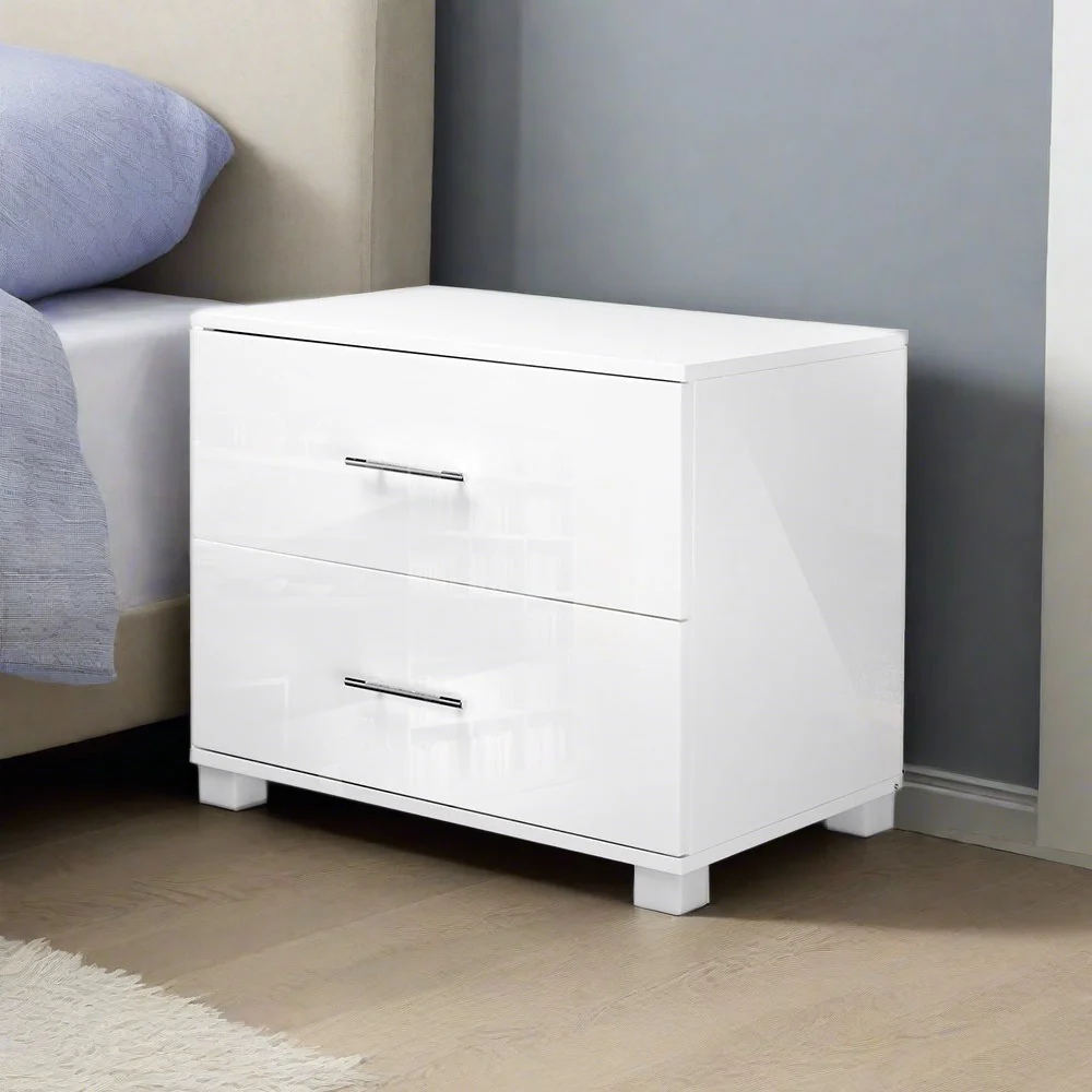 Dorval High Gloss Bedside Table with 2 Drawers - White - Nurns