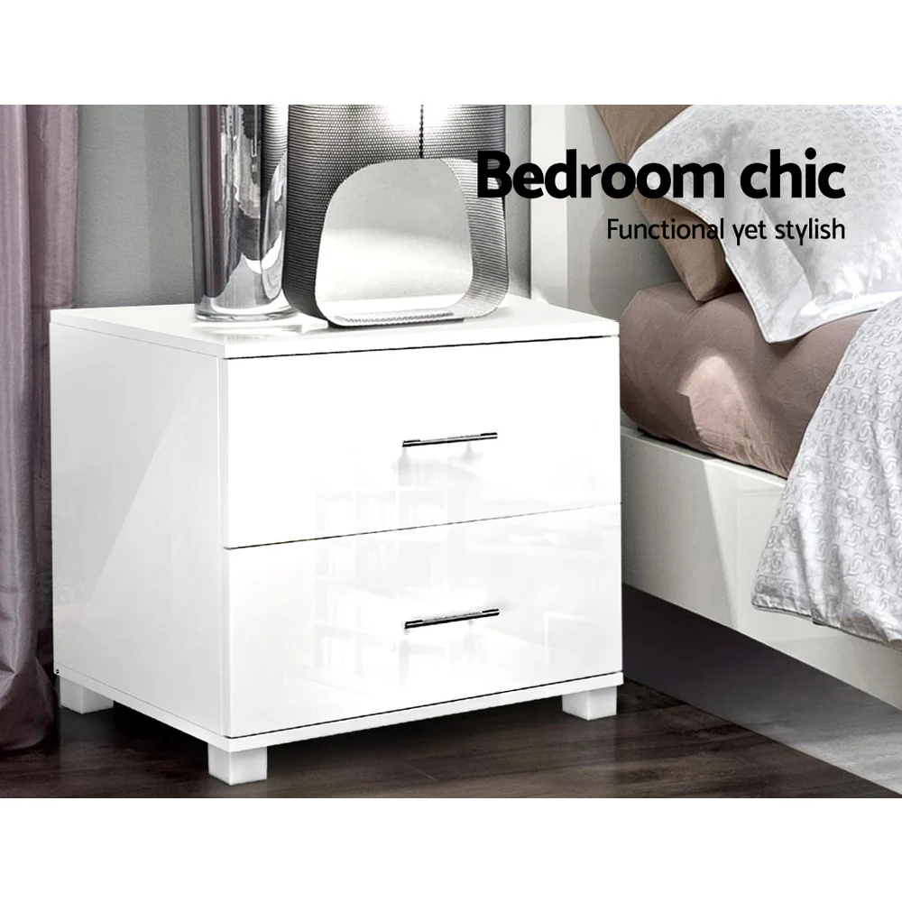 Dorval High Gloss Bedside Table with 2 Drawers - White - Nurns
