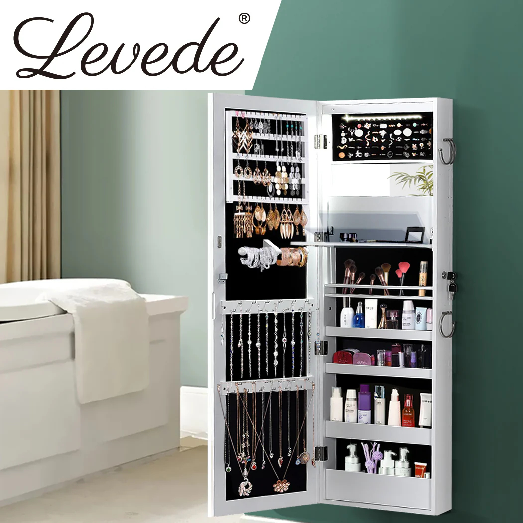 Wall Mounted or Hang Over Mirror Jewellery Cabinet with LED Light White - Nurns