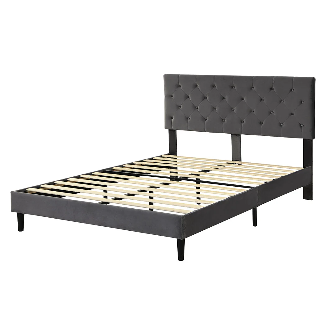 Assen Bed Frame Base Platform Wooden Velvet with Headboard Grey - Queen - Nurns