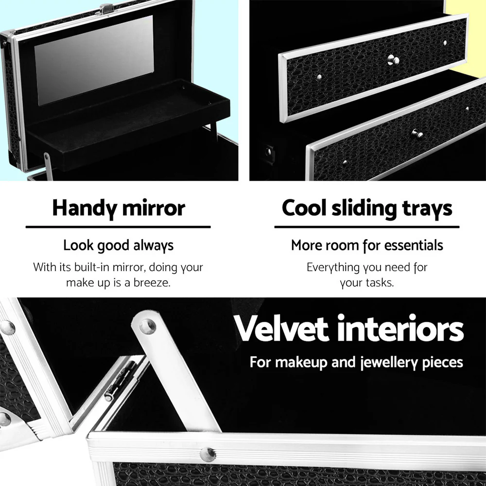 Portable Cosmetic Beauty Makeup Carry Case with Mirror - Crocodile Black - Nurns