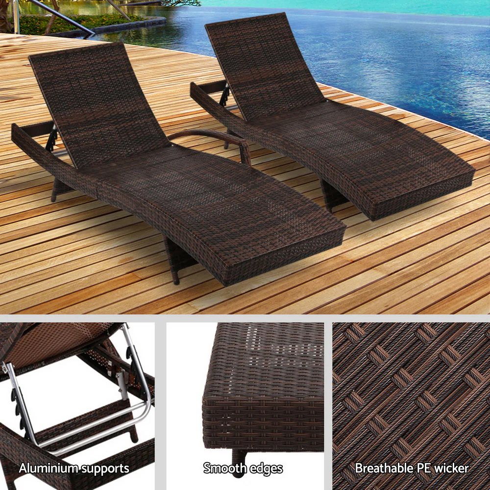 Travis Set of 2 Outdoor Sun Lounge Wicker Chair without Armrest - Brown - Nurns