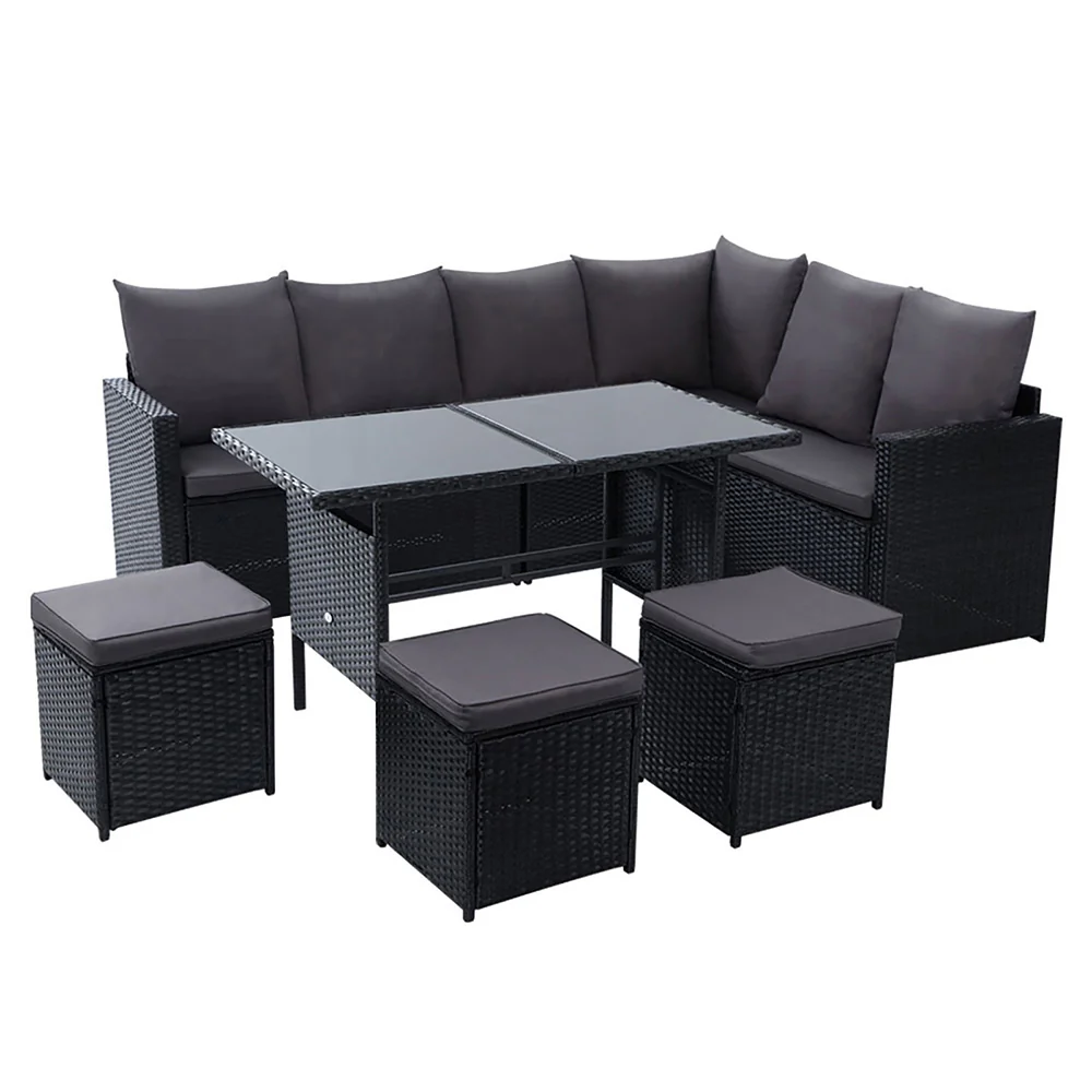 David 9-Seater Furniture Dining Lounge Wicker 5-Piece Outdoor Sofa - Black - Nurns