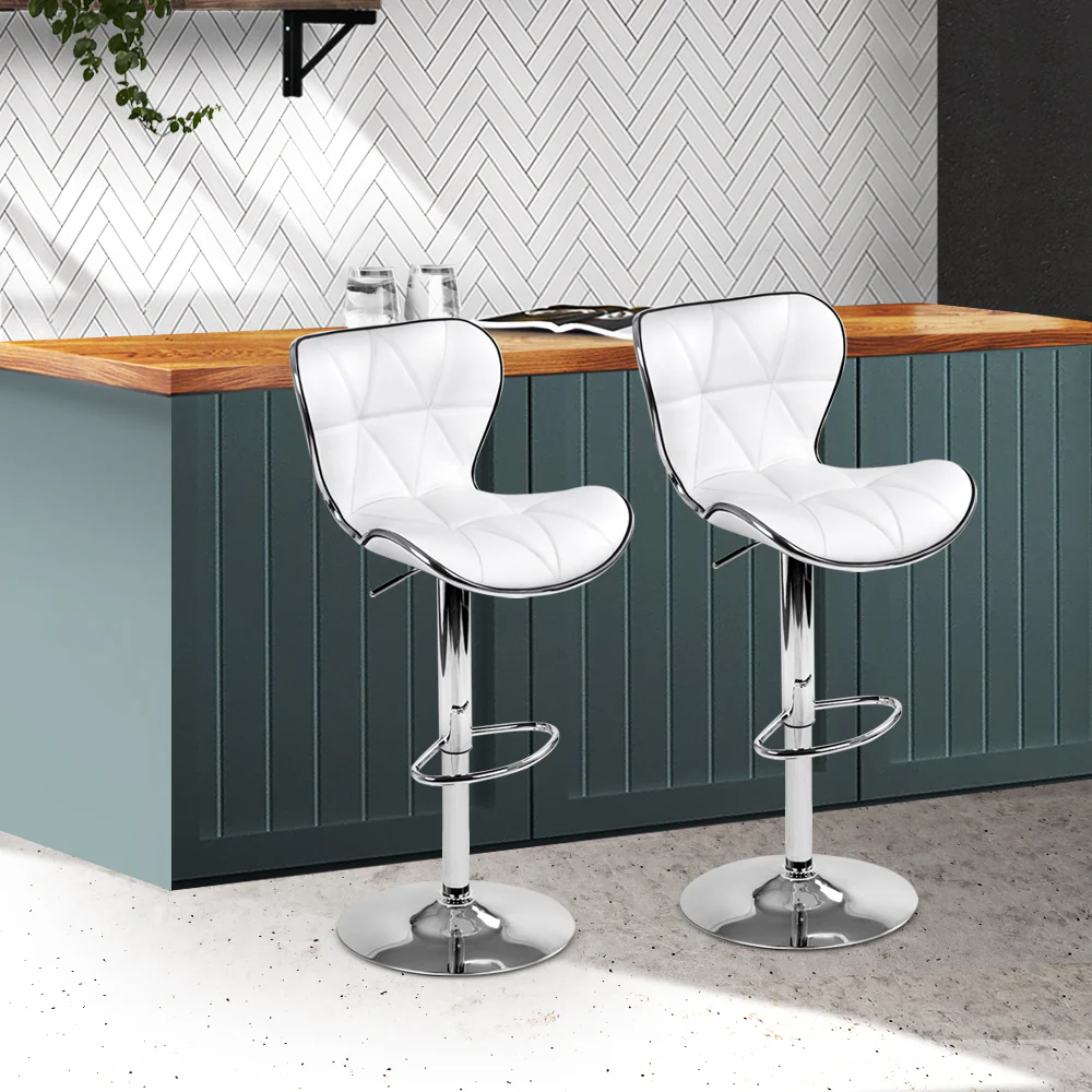 Set of 2 Liosia PU Leather Patterned Bar Stools - White & Chrome - Nurns