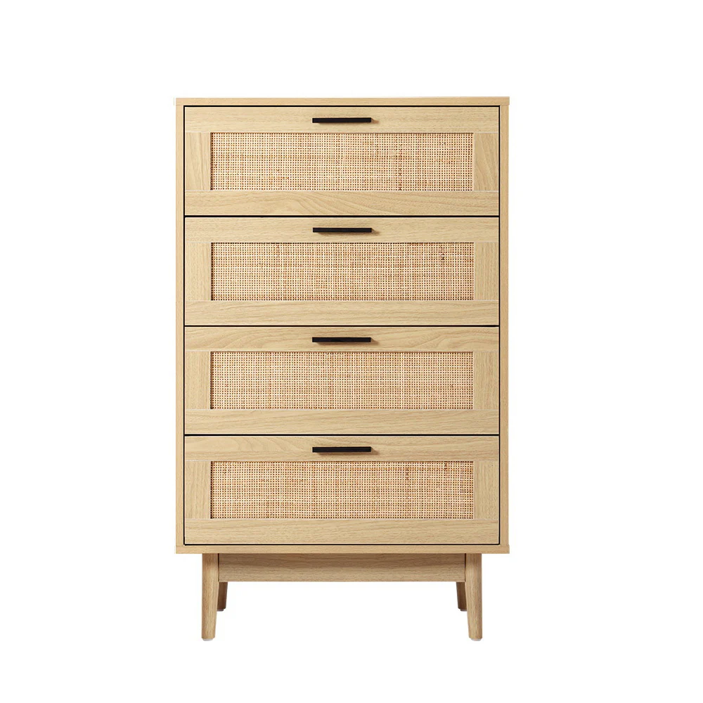 Artiss 4 Chest of Drawers Rattan Tallboy - Pine - Nurns