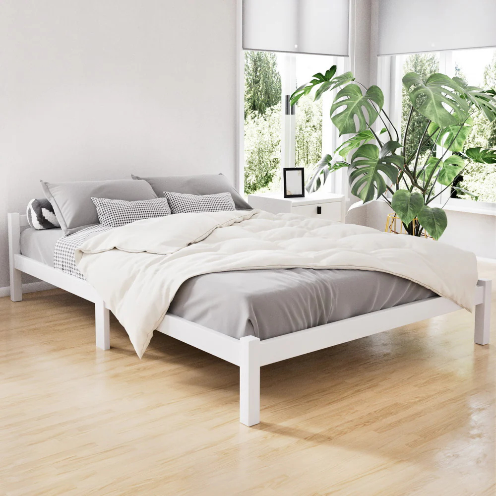 Prague Wooden Bed Frame Base Timber Platform no Drawers - White Double - Nurns