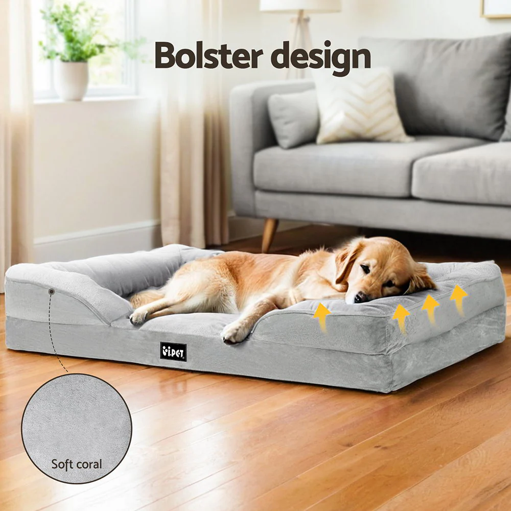 LARGE Dog Beds Pet Calming Soft Cushion Egg Crate Sofa Removable Washable - Grey - Nurns