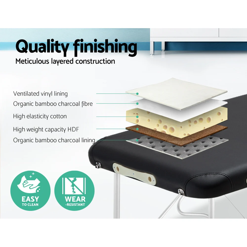 Massage Table 70cm 2 Fold Aluminium Massage Bed Portable Beauty Therapy Black - Nurns