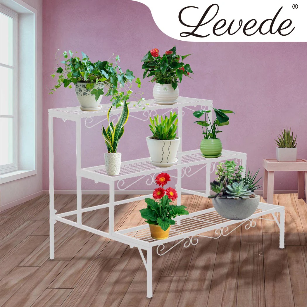 Levede Plant Stands Outdoor Indoor Metal White Flower Pot 3 Garden Corner Shelf - Nurns