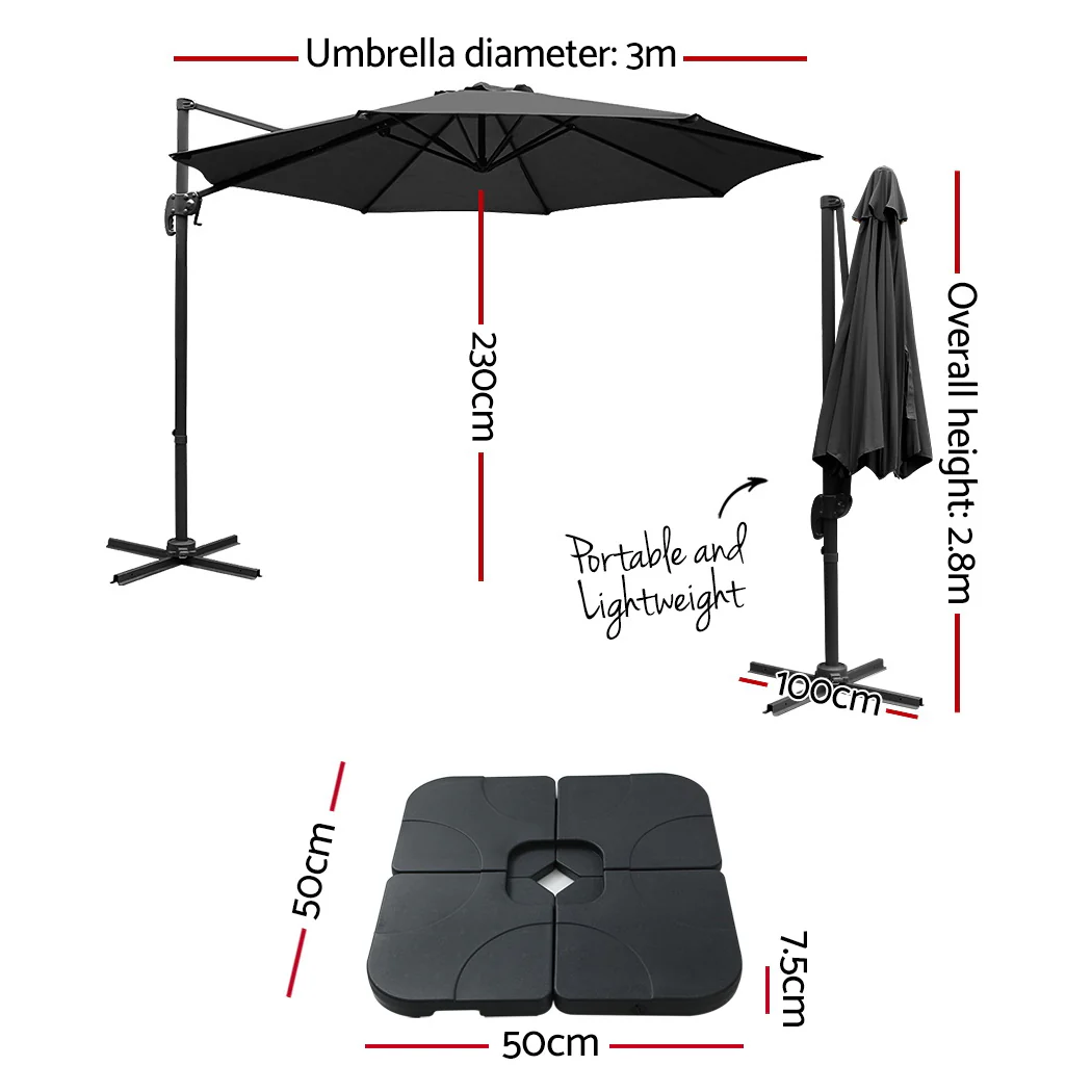 Instahut 3m Outdoor Umbrella w/Base Cantilever Beach Roma 360 Degree Tilt Black - Nurns