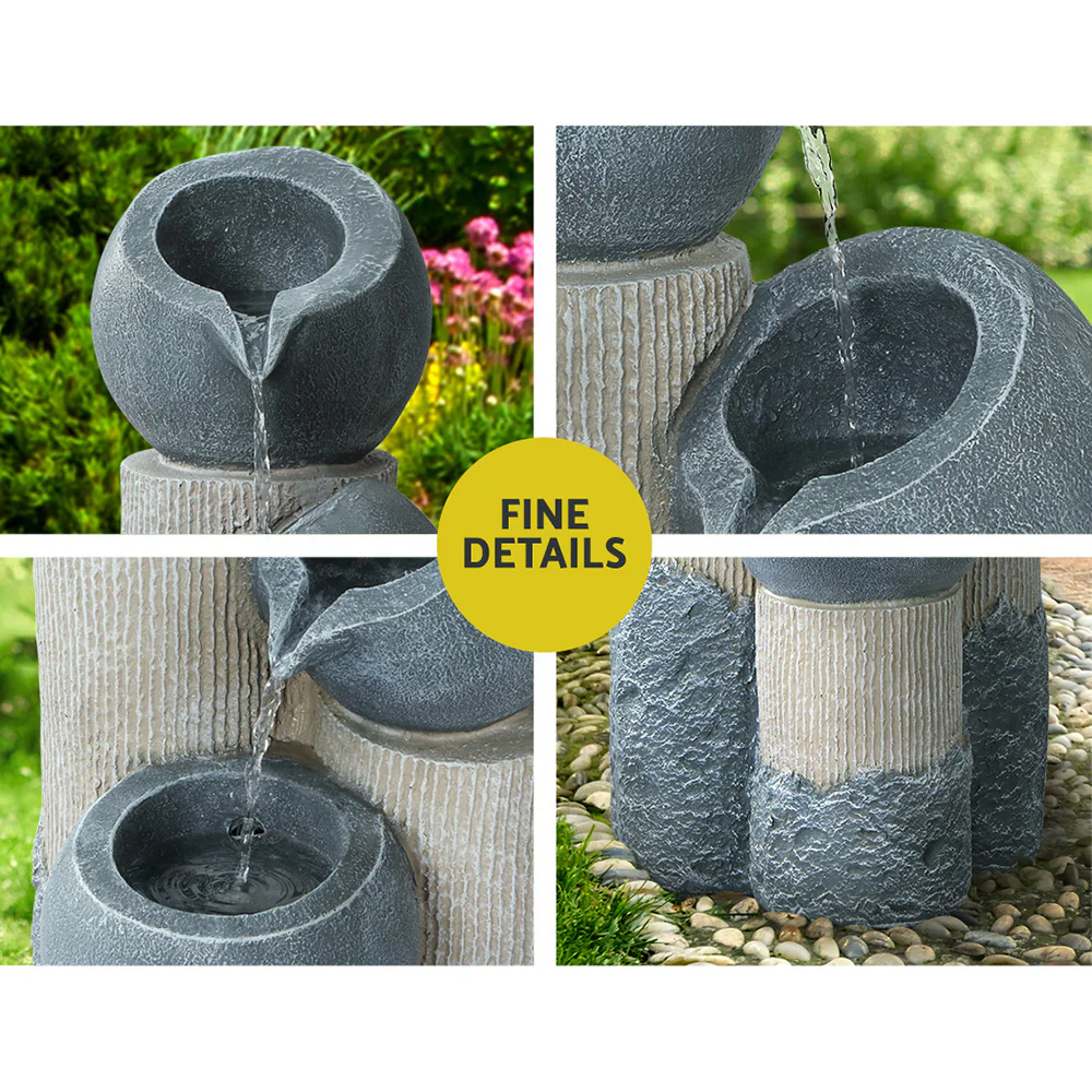 Solar Water Feature Cascading Fountain 3-Tier Pot LED Lights 76cm - Grey - Nurns