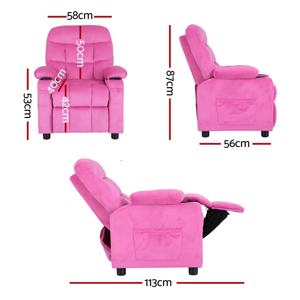 Pippa Kids Recliner Chair Velvet Sofa Lounge Couch Children Chairs Armchair - Pink - Nurns