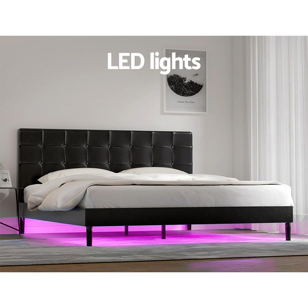 Eloise Bed Frame Base with LED Lights Charge Ports Leather - Black King - Nurns