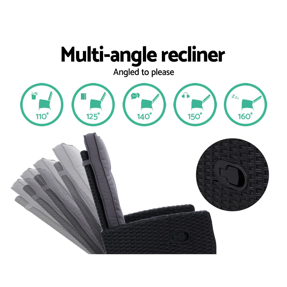 Ross 5-Piece Recliner Chair Outdoor Furniture Setting Patio Wicker Sofa Chair and Ottoman - Black - Nurns