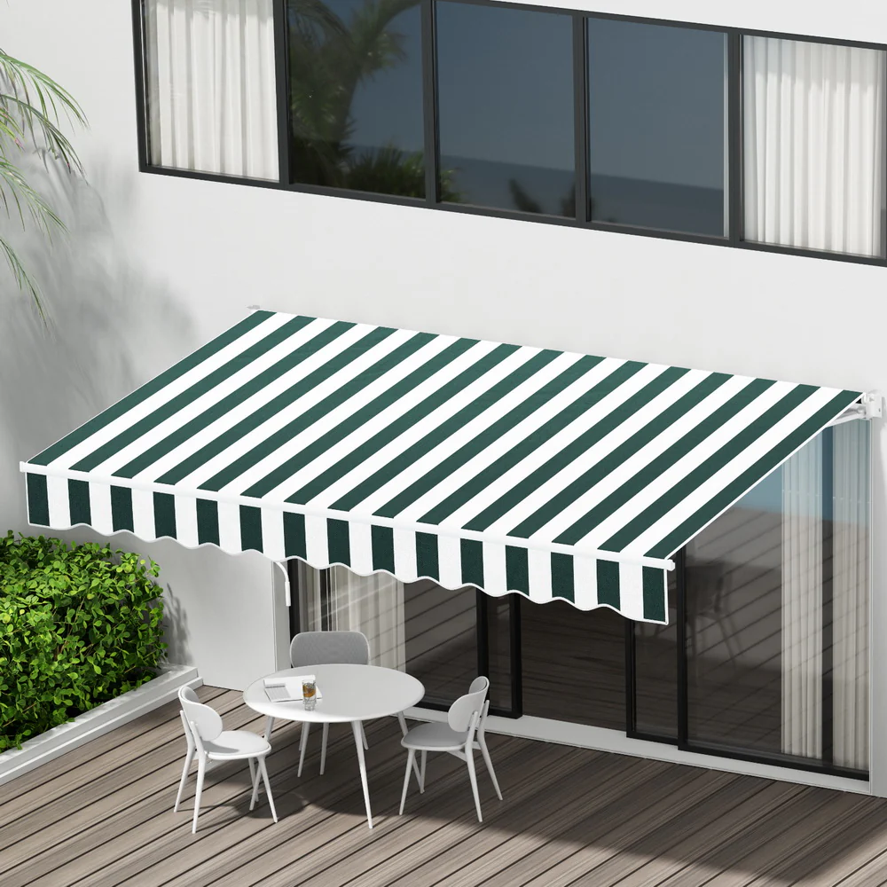 Instahut Retractable Folding Arm Awning Manual Sunshade 3Mx2.5M Green White - Nurns