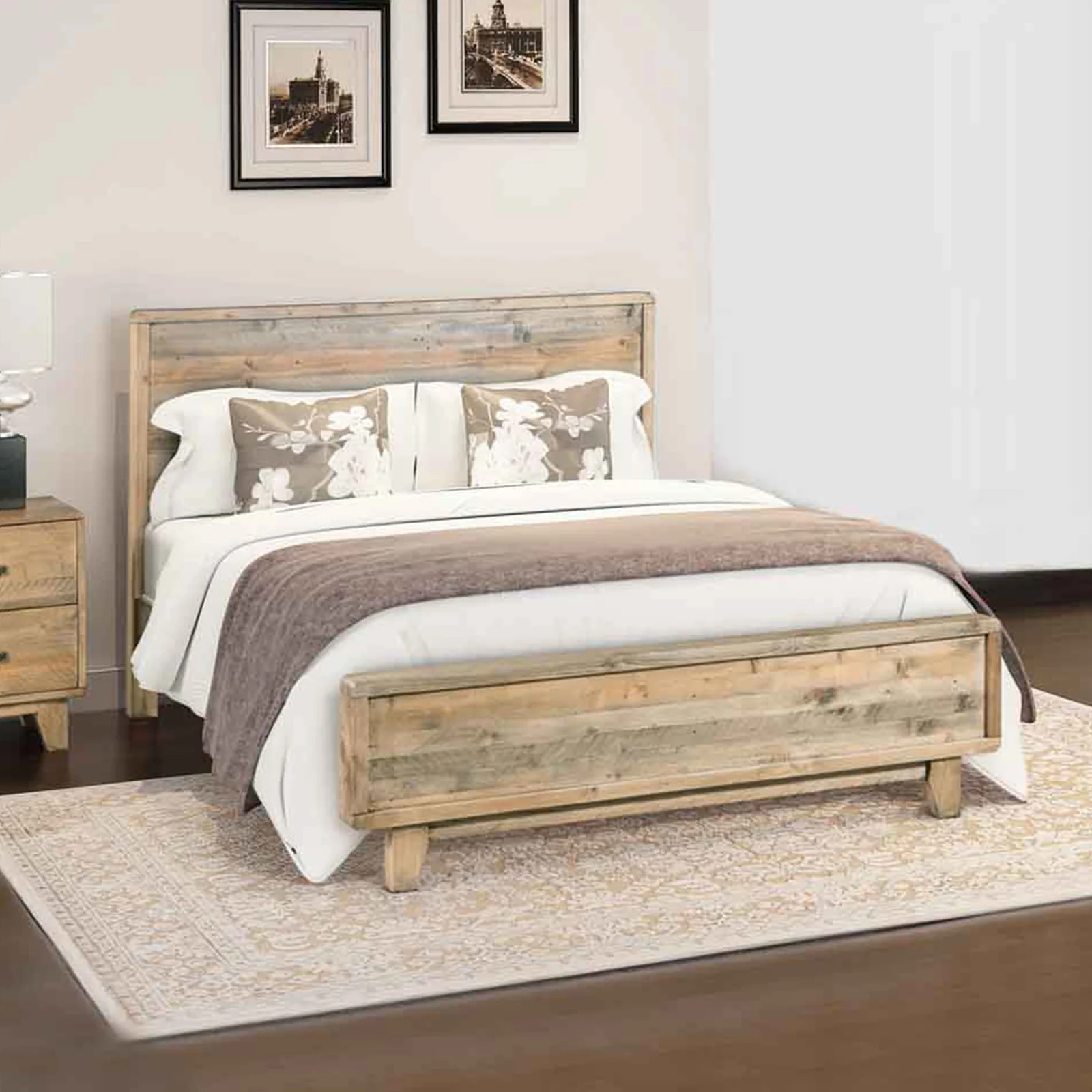 Nalini Wooden Bed Frame in Solid Wood Antique Design - Light Brown Queen - Nurns
