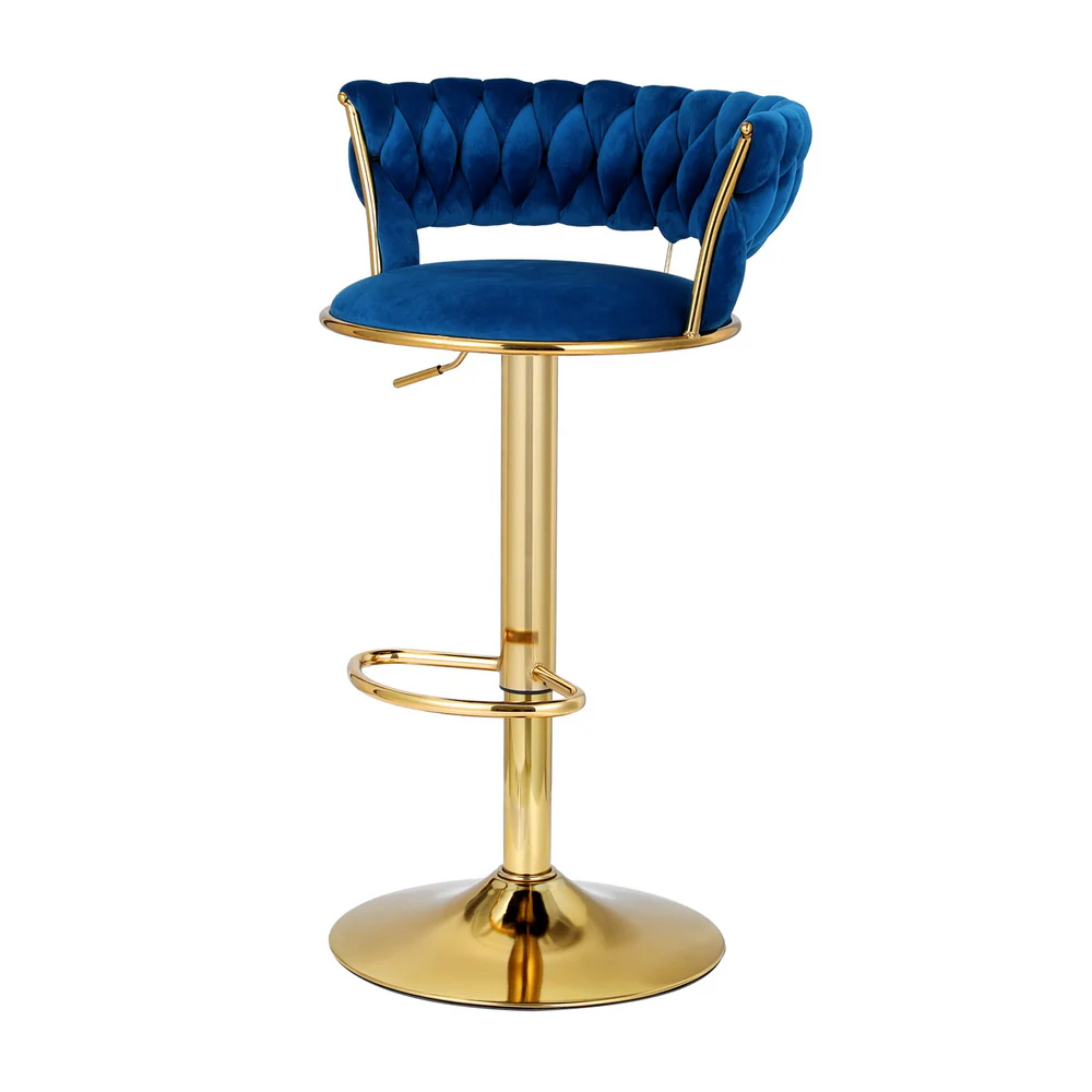 Saldus Bar Stools Gas Lift Velvet Woven Backrest - Navy & Gold - Nurns