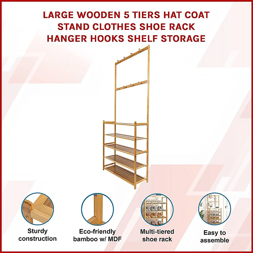 Large Wooden 5 Tiers Hat Coat Stand Clothes Shoe Rack Hanger Hooks Shelf Storage - Nurns