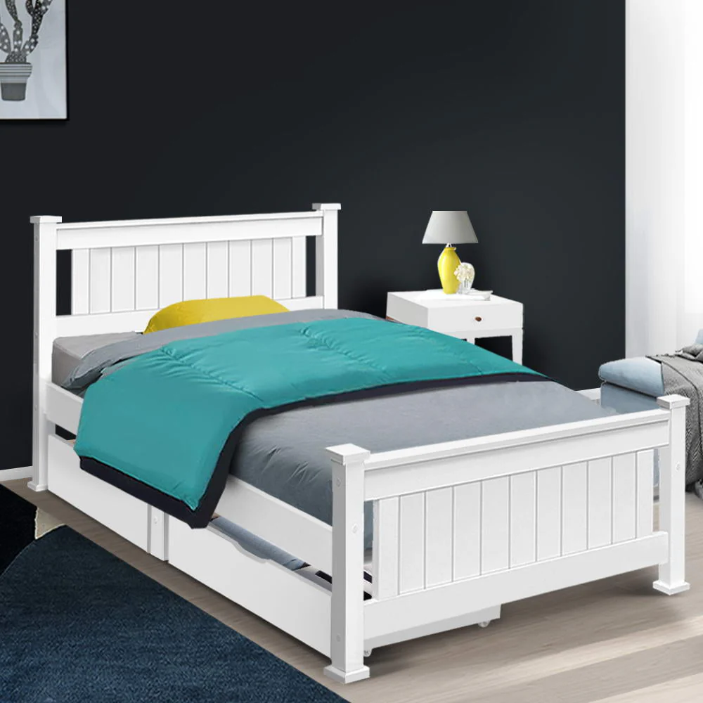 Norwich Single Bedroom Suite 5 Piece 1x Single Mattress, 1x Single Wooden Bed Frame with Drawers, 2x White Bedside Tables and 1x White Tallboy - Nurns