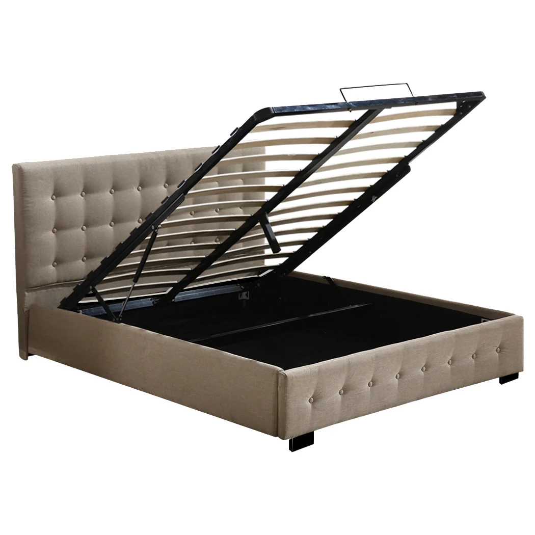 Syke Gas Lift Bed Frame Fabric Base with Storage - Beige Queen - Nurns