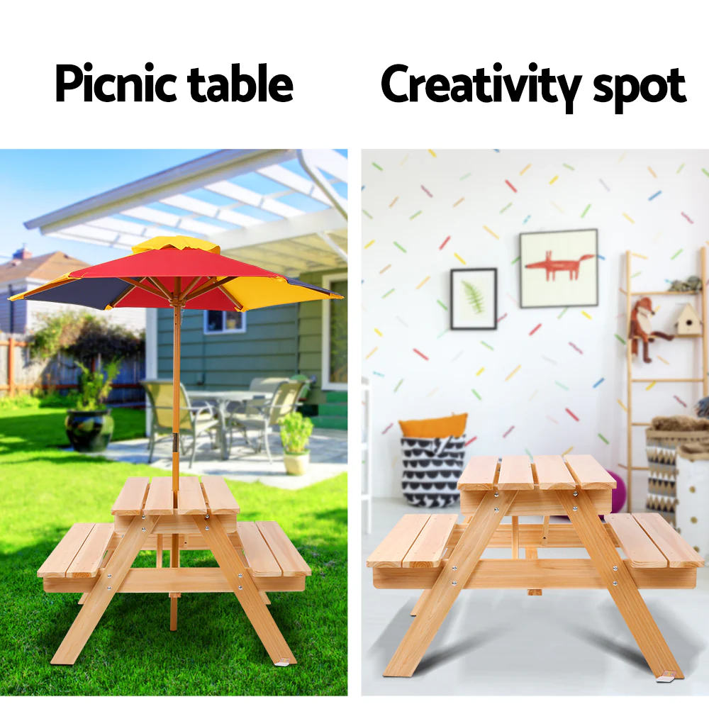 Portia Kids Table & Chairs Set Kids Wooden Picnic with Umbrella - Natural - Nurns