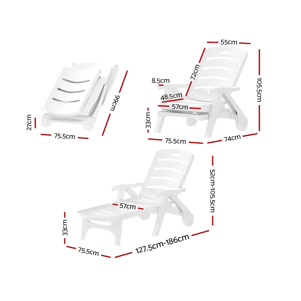 Nemy Sun Lounger Folding Chaise Lounge Chair Wheels Patio Outdoor Furniture - White - Nurns