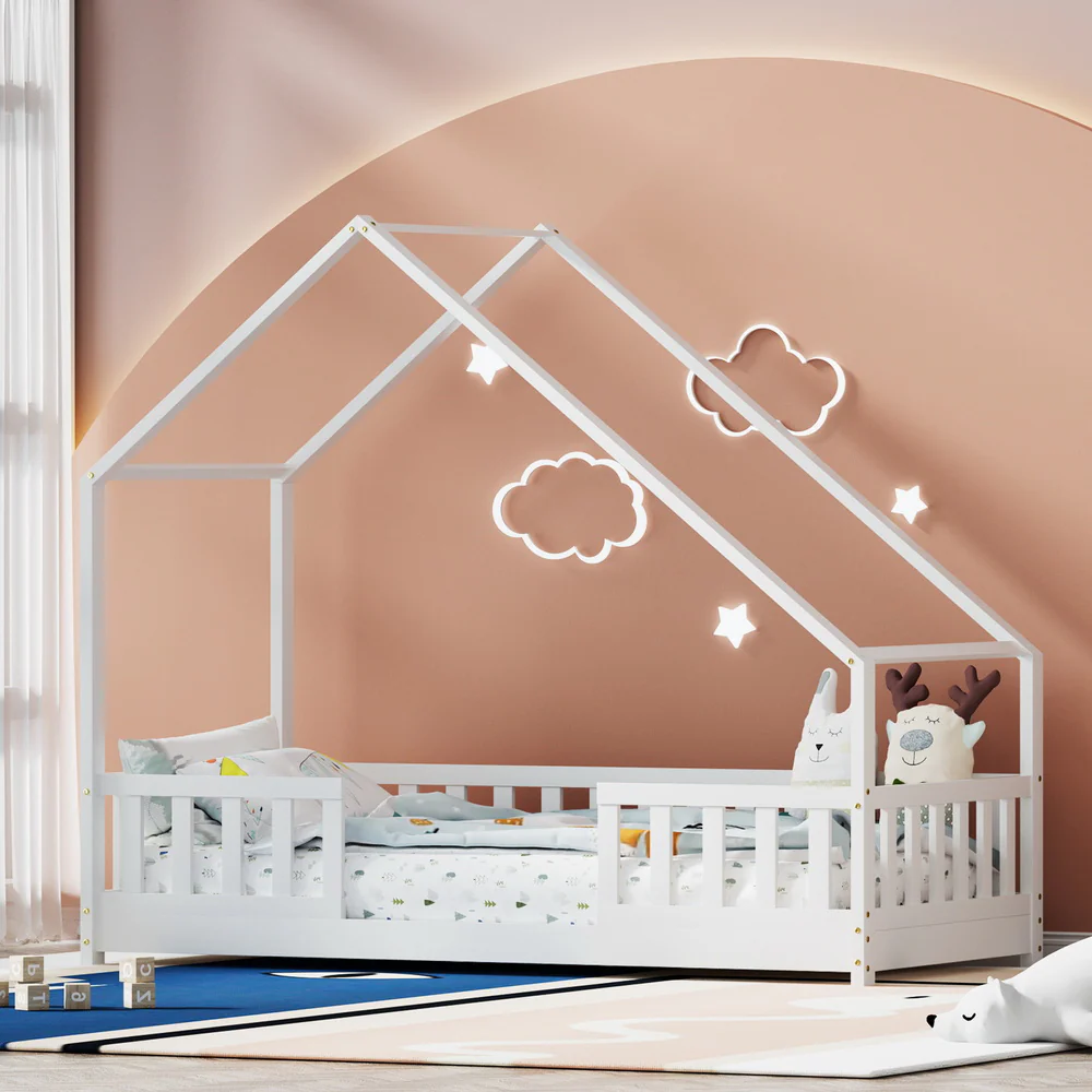Mila Bed Frame Wooden Kids House - White Single - Nurns