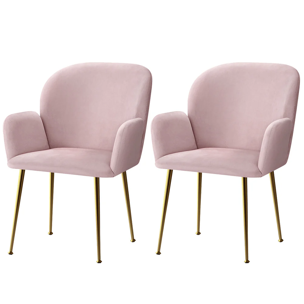 Bentley Set of 2 Dining Chairs Velvet Armchair - Pink - Nurns