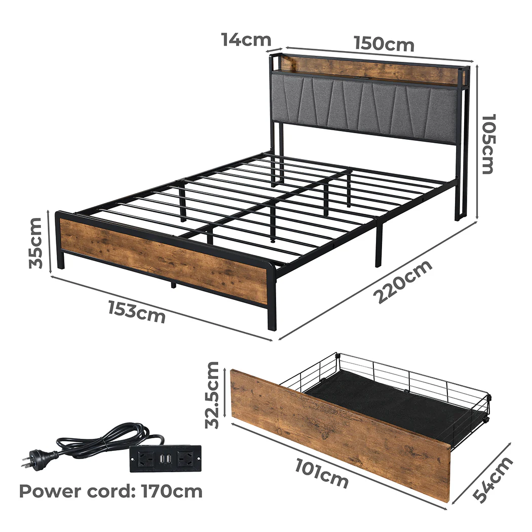 Eras Bed Frame Tufted Headboard USB Charge - Wood & Black Queen - Nurns