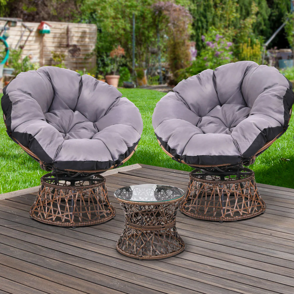Outdoor Lounge Setting Furniture Wicker Papasan Chairs Table Patio - Brown - Nurns